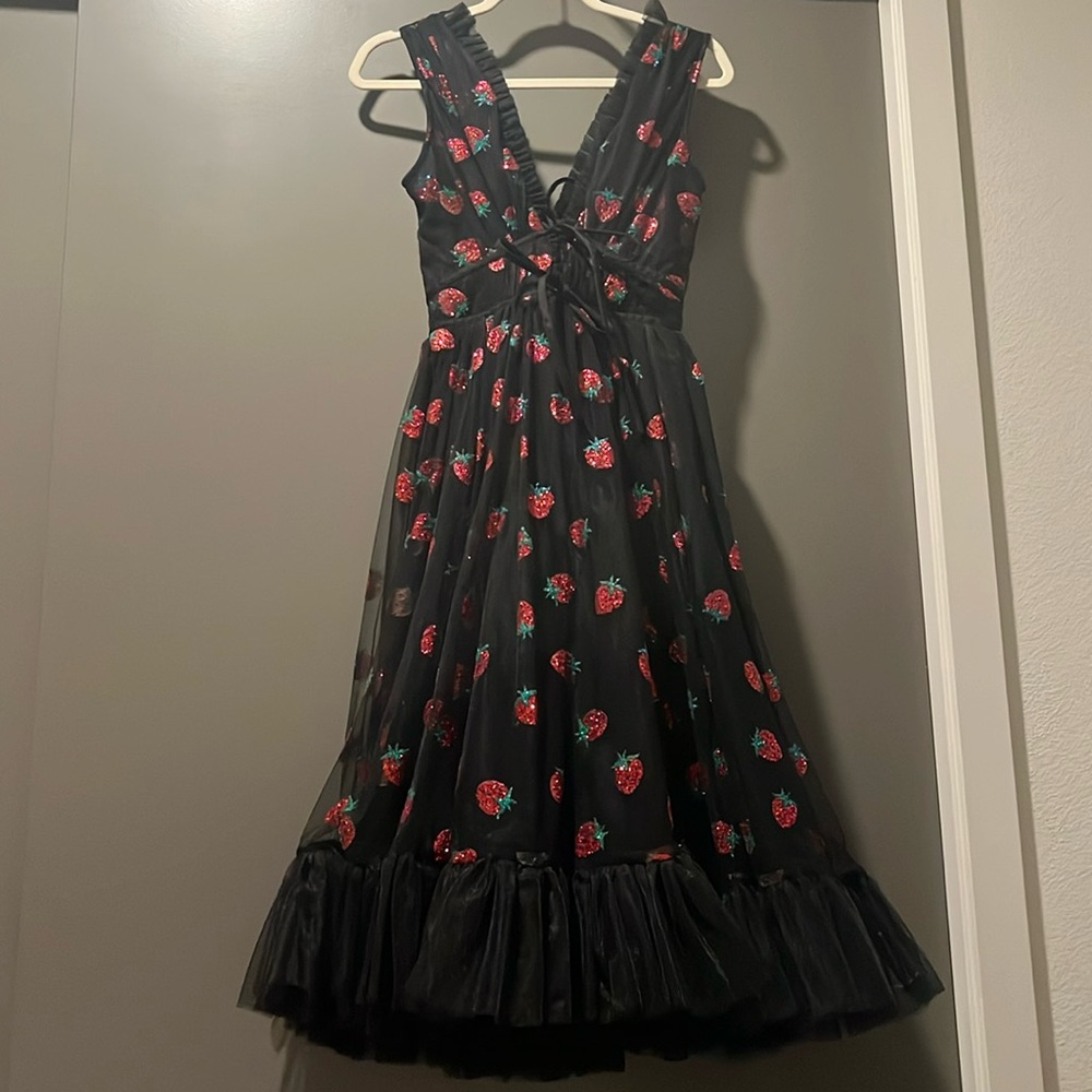 Lirika Matoshi Black Midi Strawberry Dress